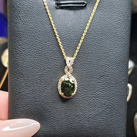 Chrome (Green) Tourmaline and White Zircon Halo Pendant Necklace - Picture 3 of 8